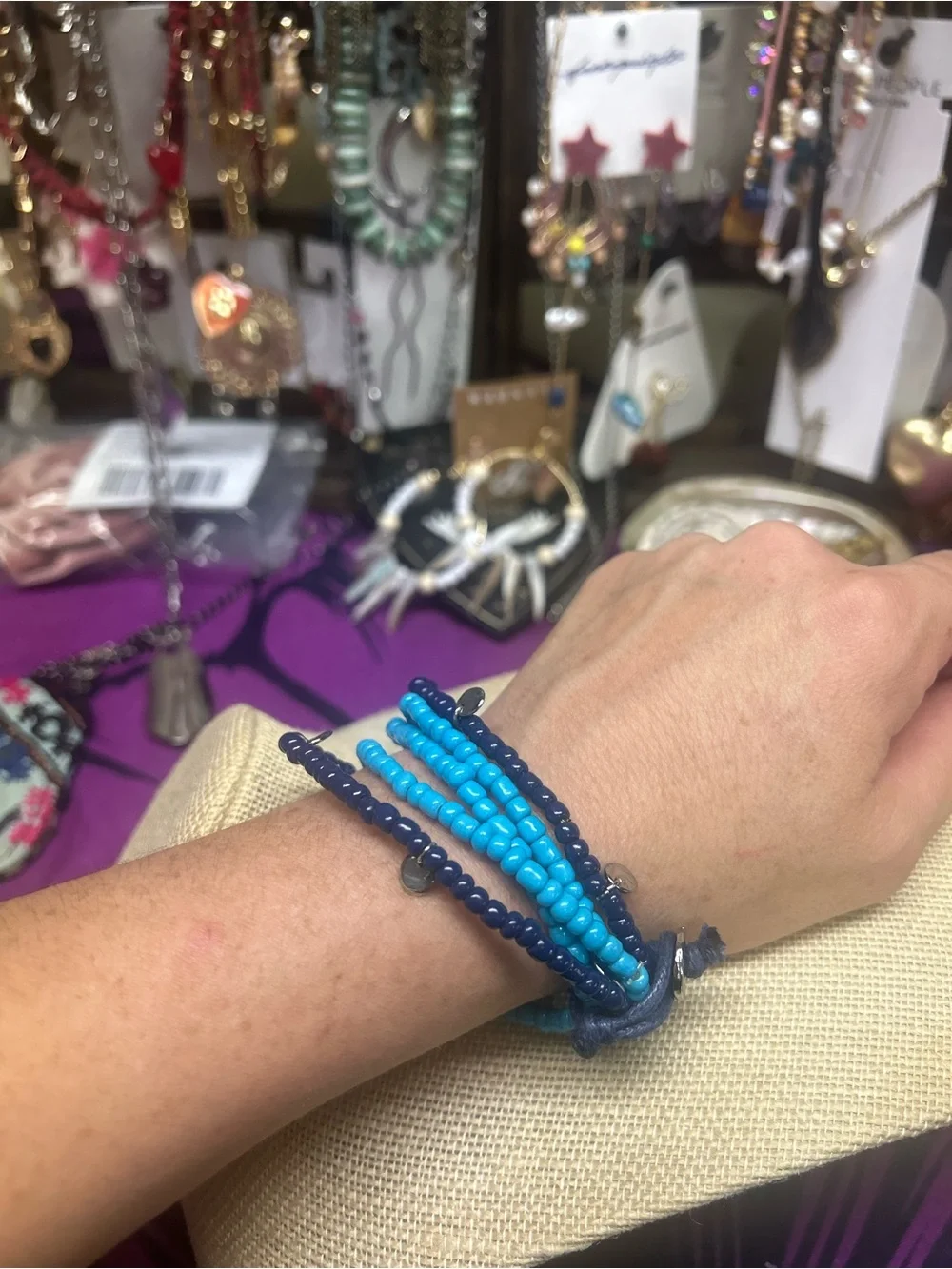 NWOT Free People Light and Navy BlBeaded Stretch Bracelet